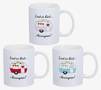 Bild av färgglada muggar med husvagnsmotiv och text
