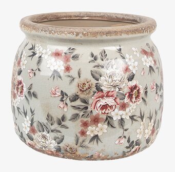 Bild av grå/rosa kruka med blommönster och vintage stil