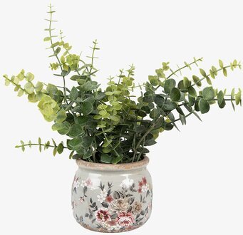 Foto av elegant kruka med blommönster och eucalyptus