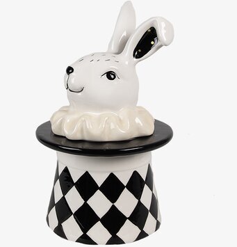 Bild av unik porslinsburk med kanin och hattdesign