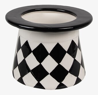 Bild av keramisk porslinsburk med rutmönster i svartvitt