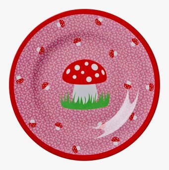 Bild av lekfull barntallrik med svampmotiv och färger