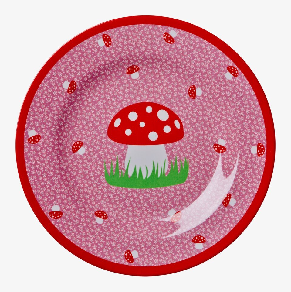 Bild av lekfull barntallrik med svampmotiv och färger