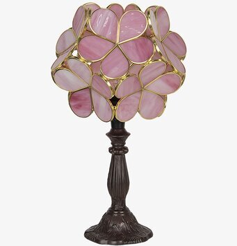 Bild av en bordslampa med rosa mosaikglas och antik fot