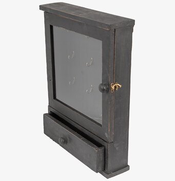 Bild av antikt svart nyckelskåp med glasruta och låda