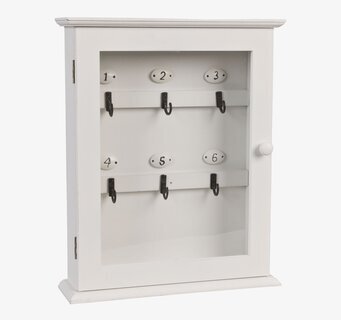 Bild av klassiskt nyckelskåp med glasruta och krokar