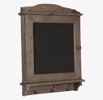 Foto av rustikt nyckelskåp med tavla och krokar