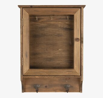 Foto av rustikt nyckelskåp i trä med glasruta och krokar