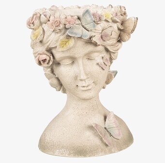 Bild av detaljrik kruka med ansikte, blommor och fjärilar