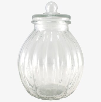 Bild av elegant glasburk med lock och räfflad design