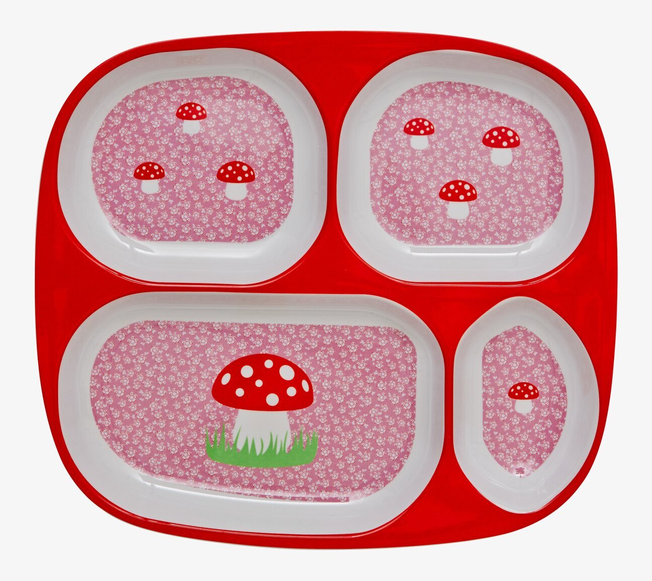 Bild av färgglad barntallrik med svampdesign och fack