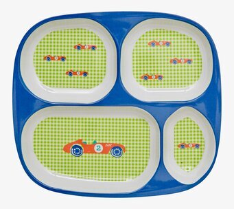 Bild av färgglad barntallrik med bilmotiv och fyra fack