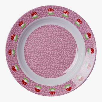 Bild av färgglad djup tallrik med svamp- och blommotiv