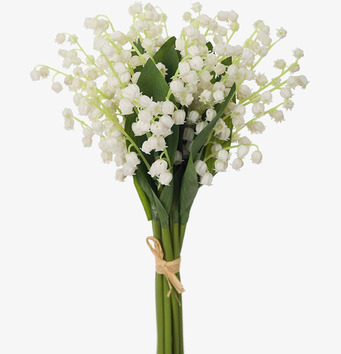 Bild av harmonisk bukett med liljekonvaljer och gröna blad