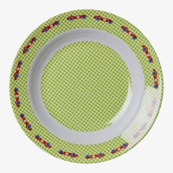 Bild av lekfull djup tallrik med rutmönster och bilar