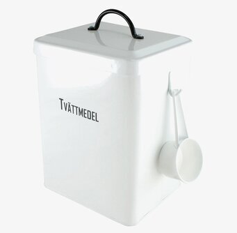 Bild av stilren vit plåtburk för tvättmedelsförvaring