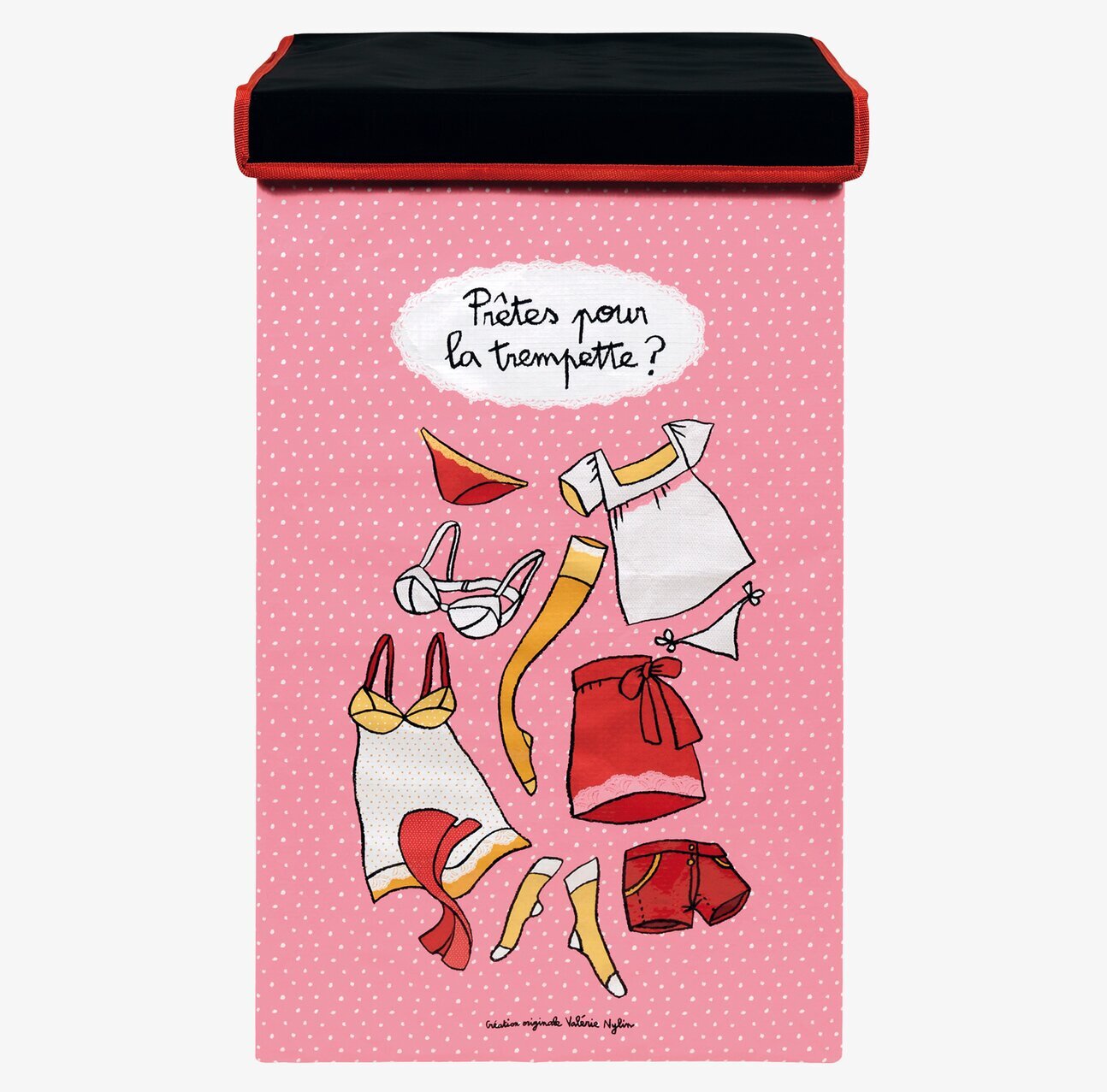 Bild av livlig rosa tvättkorg med klädesplagg och text