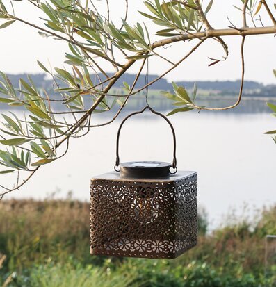 Bild av solcellslanterna hängande i naturskön miljö