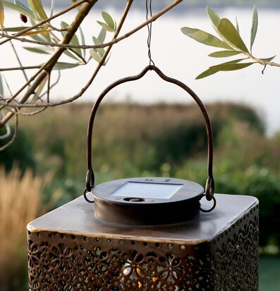 Foto av solcellsdriven lanterna i harmonisk naturmiljö