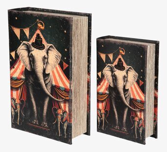 Foto av boklådor med cirkusmotiv och elefantdesign