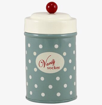 Bild av retro plåtburk för vaniljsocker i köket