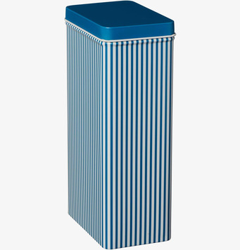 Bild av stilren randig plåtburk i blått och vitt