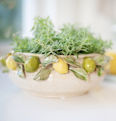 Bild av dekorativ plantering i offwhite, gul och grön