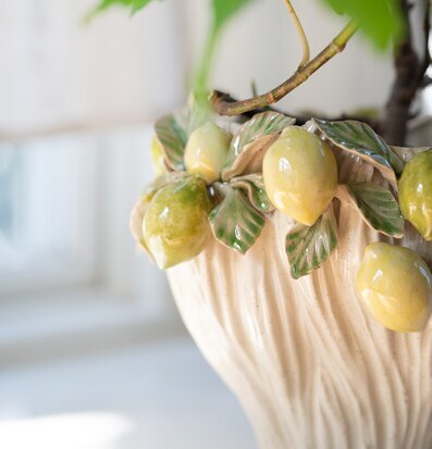 Bild av detaljrik kruka med citronmotiv och naturligt ljus