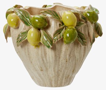 Bild av dekorativ kruka med citron- och bladmotiv