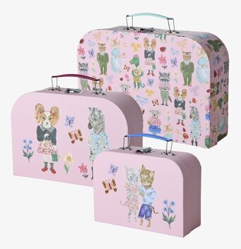 Bild av tre dekorativa väskor i rosa kartongdesign