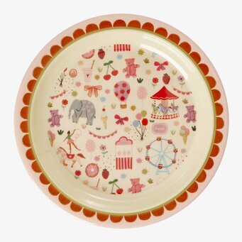 Bild av lekfull barntallrik med tivolimotiv och pastellfärger