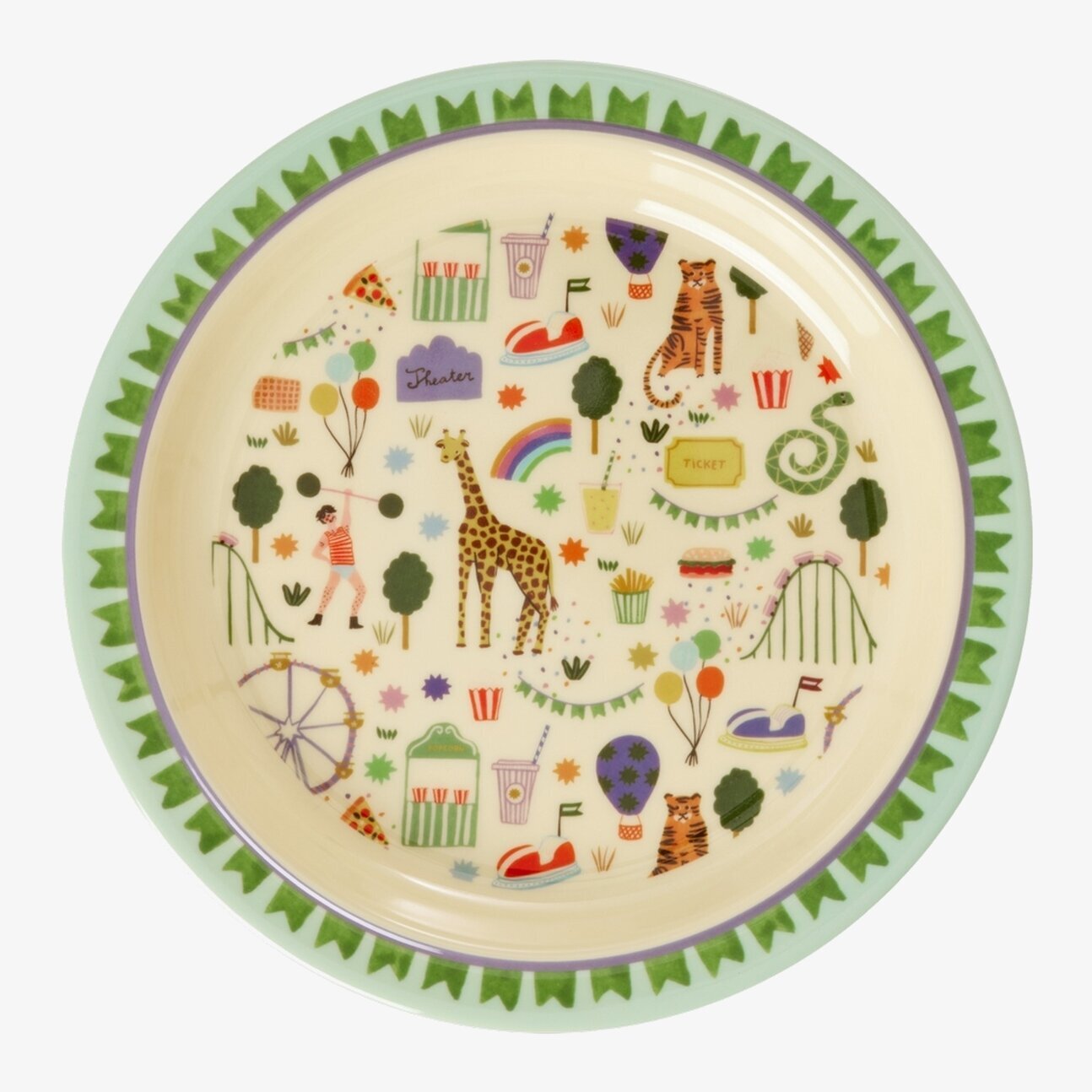 Bild av färgglad barntallrik med nöjesparksmotiv