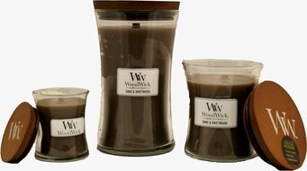 Tre WoodWick Sand & Driftwood ljus i olika storlekar