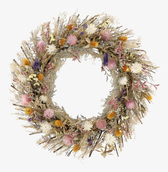 Bild av vacker krans med torkade blommor och bladverk