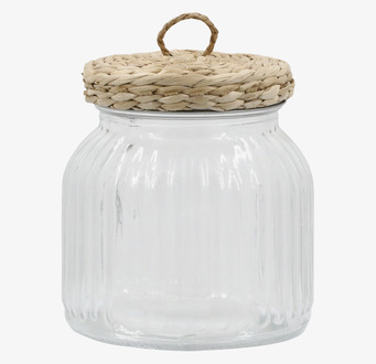 Bild av elegant glasburk med flätat lock och vintage-känsla