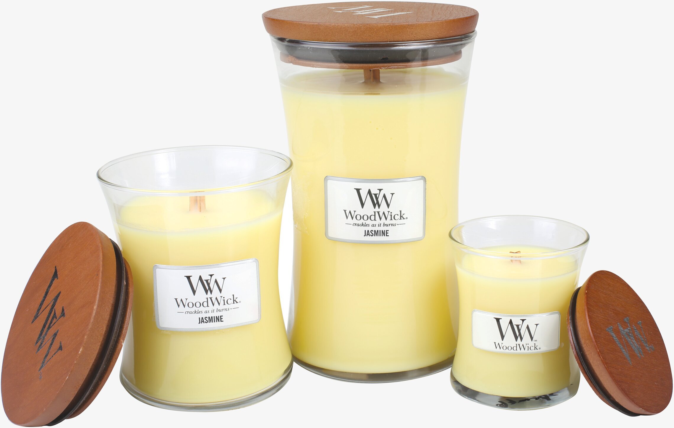 WoodWick Jasmine doftljus i tre storlekar med trälock