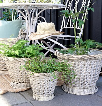 Bild av charmig uteplats med flätade krukor och möbler