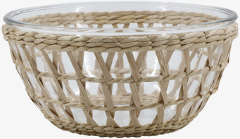 Bild av rustik skål med flätad korg och glaskropp