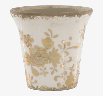 Bild av elegant vit kruka med guldblommor och patina