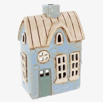 Bild av charmig ljuslykta i keramik med blå detaljer