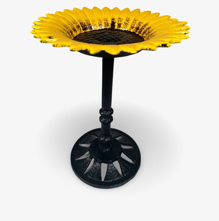 Bild av solrosformat fågelbad med elegant metallstativ