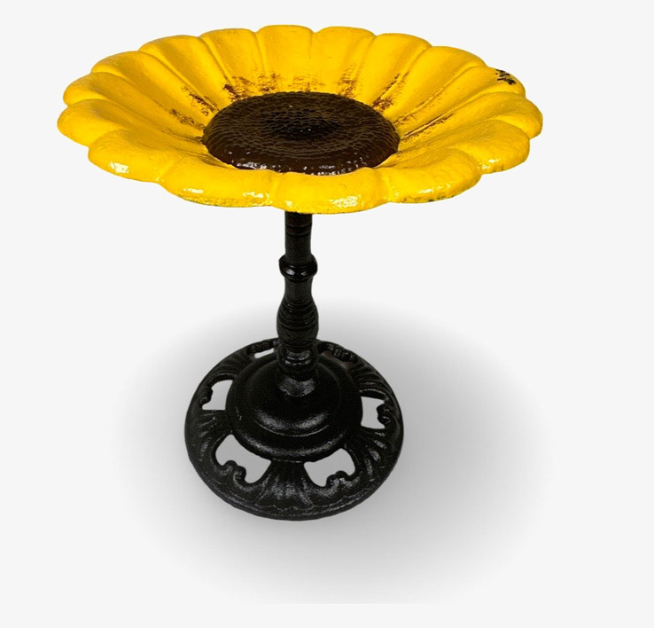 Bild av fågelbad i solrosdesign med gul och mörk bas