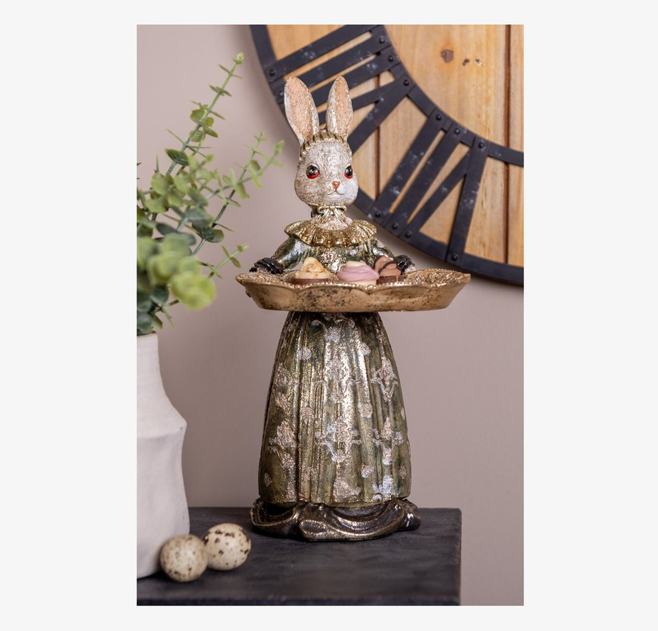 Bild av elegant kaninprydnad med fat i beige och guld