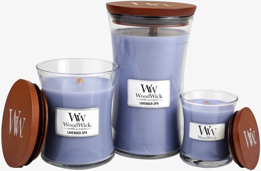 Tre ljus i olika storlekar från WoodWick Lavender Spa