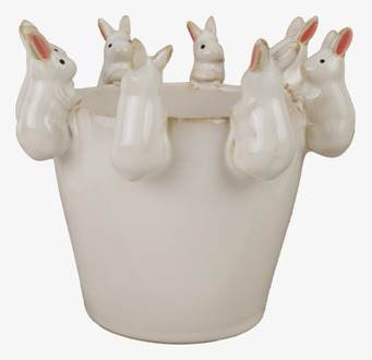 Bild av charmig vit kruka med kaninfigurer, 14 cm hög