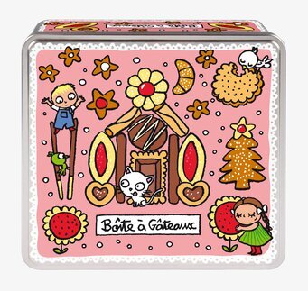 Bild av rosa plåtburk med pepparkakshus och vintertema