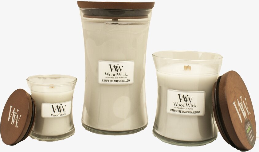 Tre storlekar av WoodWick Campfire Marshmallow doftljus