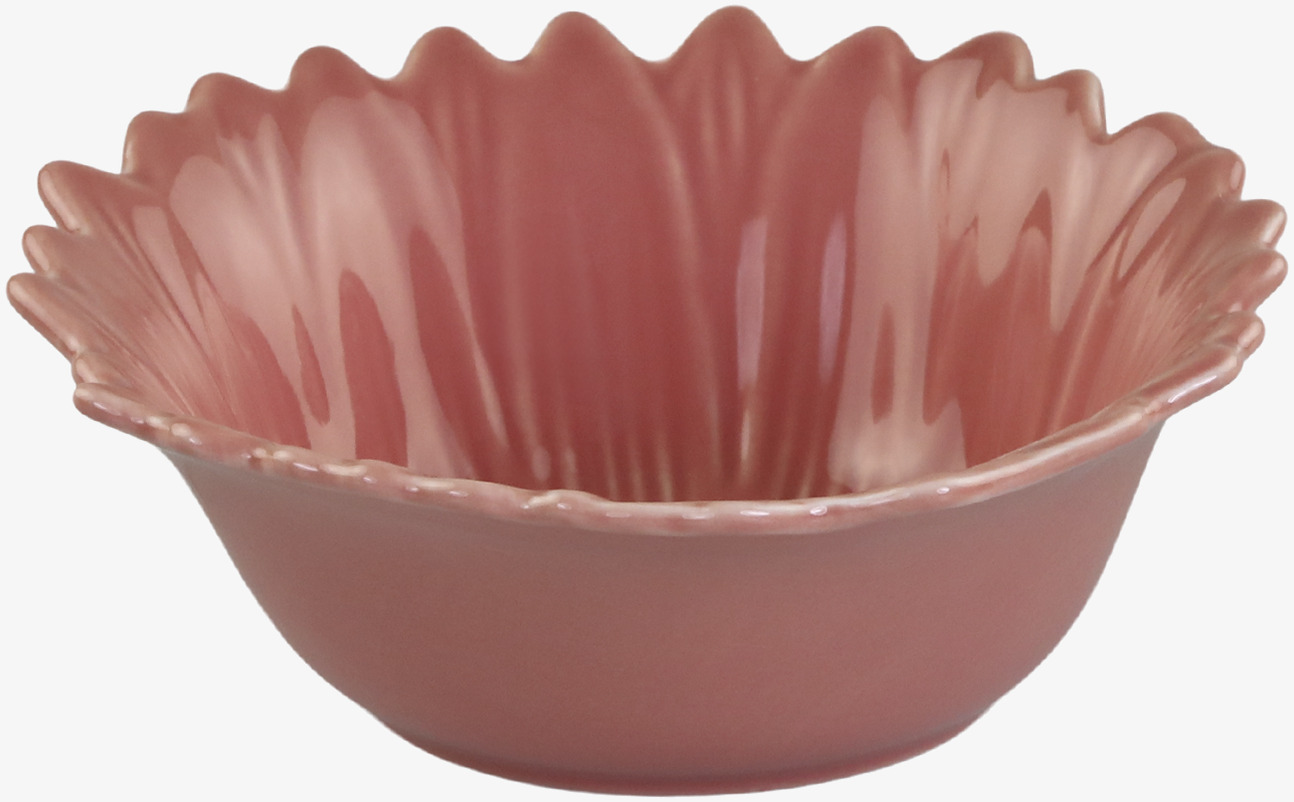Bild av rosa skål med blomform och glansig finish