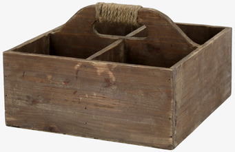 Bild av rustik trälåda med fyra fack och handtag