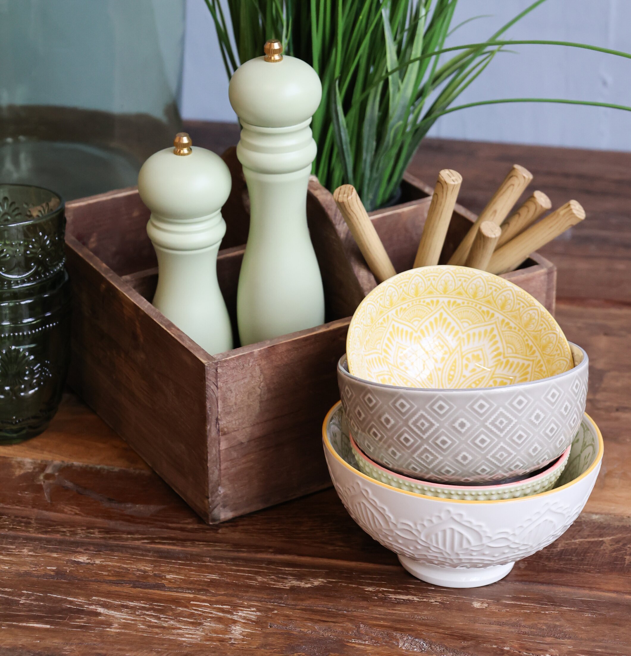 Trälåda 4-Fack Natur Chic Antique Förvaringslådor och korgar Boxar Förvaringsboxar Porslinsboxar Trälådor Smyckesboxar i porslin Förvaringsbrickor